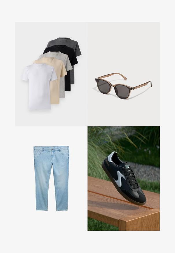 Set de cinci tricouri cu mânecă scurtă în alb, bej, gri deschis, gri închis și negru. Fabricate din bumbac fin, cu un design de gât rotund.; Blugi de denim de un albastru deschis, cu un design drept, care includ buzunare frontale, bucle pentru curea și închidere cu fermoar. Textură netedă și ușoară.; Pantoflă sport alb-negru cu un superior din piele netedă, talpă texturată și accente contrastante. Dispune de un logo pe lateral și șireturi.; Ochelari de soare din plastic maro cu lentile închise, formă rotundă și brațe conice. Embelisment notabil pe tâmple.