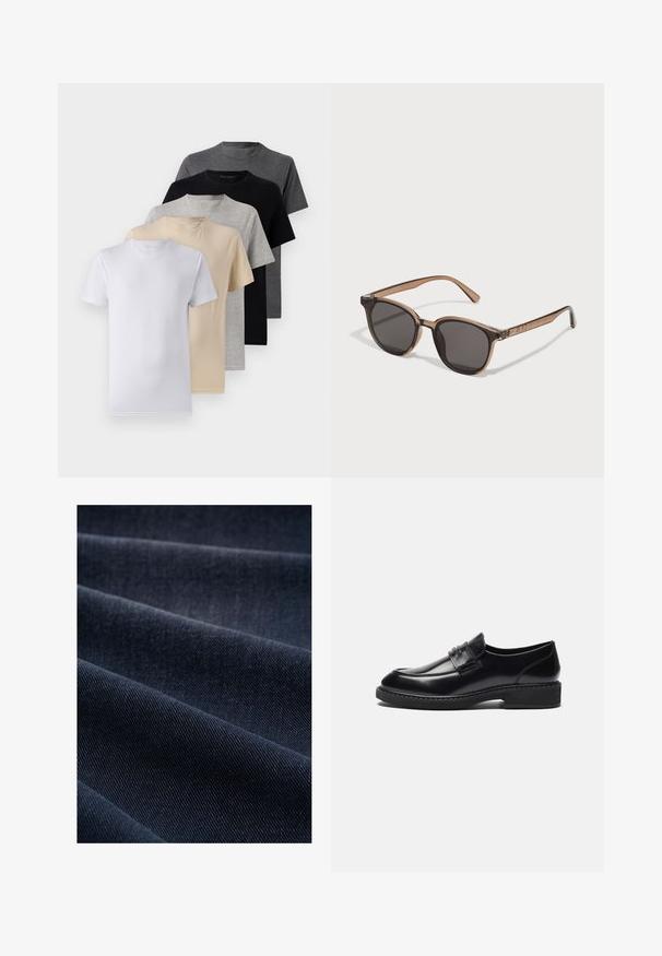 Set van vijf T-shirts met korte mouwen in wit, beige, lichtgrijs, donkergrijs en zwart. Gemaakt van gladde katoen en voorzien van een ronde hals.; Donkerblauwe denimstof met een geribbelde textuur, zichtbaar met plooien en golven, die het gewicht en de duurzaamheid benadrukt.; Zign LEATHER - Zakelijke loafers - black; Bruine plastic zonnebril met donkere lenzen, ronde vorm en taps toelopende pootjes. Opvallende versiering op de slapen.
