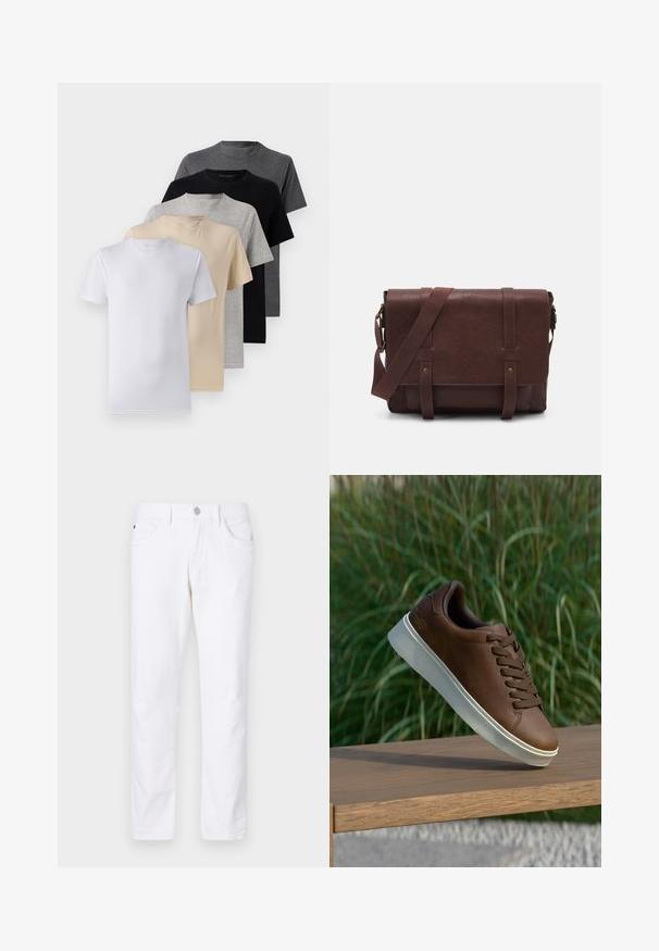 Öt darab rövid ujjú póló szett fehér, bézs, világosszürke, sötétszürke és fekete színekben. Simaságot biztosító pamutból készült, kerek nyakkivágással.; Fehér pamut farmernadrág egyenes lábbal, gombos záródással, öt zsebbel és diszkrét varrási részletekkel.; Barna bőr tornacipő fehér gumi talppal, lekerekített orral és barna fűzős kialakítással. A talp texturált tapadással, míg a felsőrész sima felülettel rendelkezik.; Barna bőr válltáska, lapos elülső fedéllel, két pánttal, arany színű fém kiegészítőkkel és állítható vállpánttal.