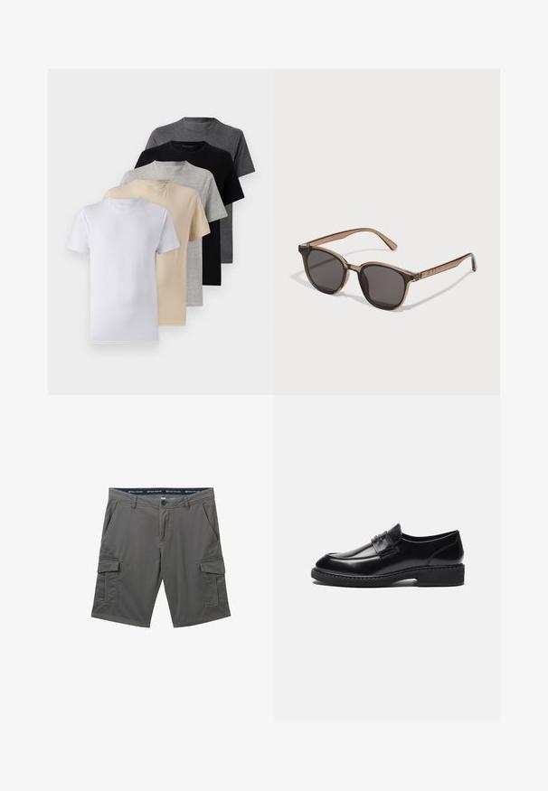 Conjunto de cinco camisetas de manga corta en blanco, beige, gris claro, gris oscuro y negro. Hechas de algodón suave, con un diseño de cuello redondo.; Bermudas grises de carga con un logo en la cinturilla, múltiples bolsillos, un cierre de botón y una tela texturizada. Diseñadas para la funcionalidad y la comodidad.; Zign LEATHER - Mocasines elegantes - black; Gafas de sol de plástico marrón con lentes oscuros, forma redondeada y patillas estrechas. Adorno notable en las varillas.; Bolsa de deporte negra con asas gruesas y una correa desmontable. Fabricada en un tejido suave, cuenta con un cierre de cremallera y un diseño minimalista.