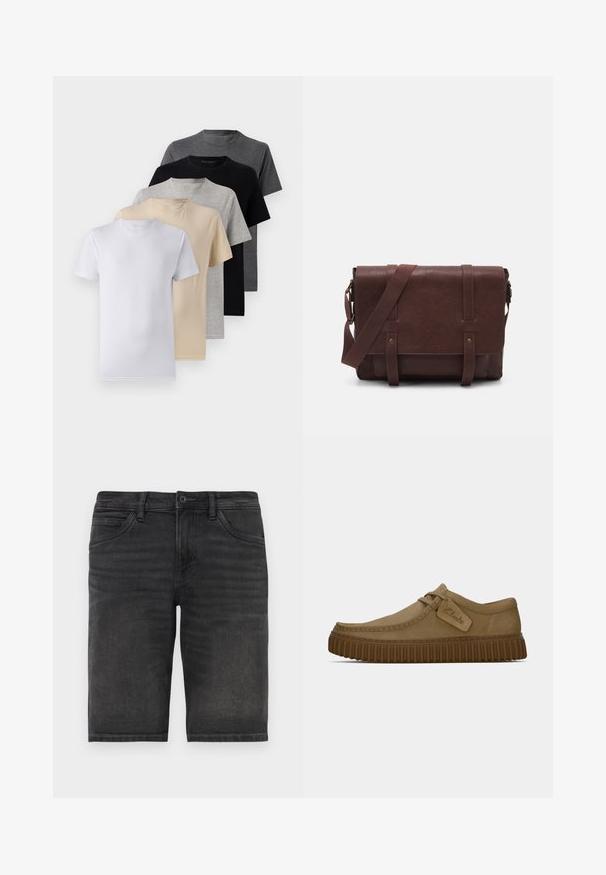 Set aus fünf Kurzarm-T-Shirts in Weiß, Beige, Hellgrau, Dunkelgrau und Schwarz. Hergestellt aus glattem Baumwollmaterial, mit Rundhalsausschnitt.; Schwarze Denim-Shorts mit geradem Schnitt, fünf Taschen und Knopfverschluss. Sie haben eine leichte Ausbleichung und eine robuste Stofftextur.; Hellbraune Wildlederschuhe mit runder Zehenpartie, genähten Details und einer gerippten braunen Gummisohle. Mit einem Seitenschild mit dem "Clarks"-Logo.; Braune Leder-Umhängetasche mit einer flachen Vorderklappe, zwei Riemen, goldenen Hardware-Akzenten und einem verstellbaren Schultergurt.