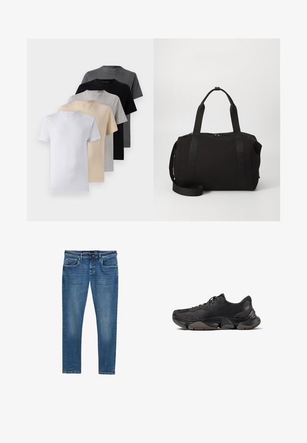 Sada pěti triček s krátkým rukávem v bílé, béžové, světle šedé, tmavě šedé a černé barvě. Vyrobena z hladké bavlny, s designem kulatého výstřihu.; Modré džíny z denimu se stíhaným střihem, designem s pěti kapsami, jemným vychmelením na stehnech a páskovou nášivkou, která udává velikost 31/32.; Černé sportovní tenisky s texturovanou podrážkou, svrchní část z kůže a semiše, polstrovaný límec a šněrovací zapínání, zobrazené v bočním profilu.; Černá dufflová taška s pevnými rukojeťmi a odnímatelným popruhem. Vyrobena z hladkého materiálu, disponuje zipovým uzávěrem a minimalistickým designem.