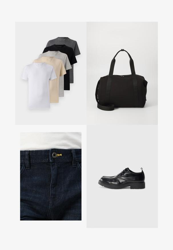 Penki trumpomis rankovėmis marškiniai, baltos, smėlio, šviesiai pilkos, tamsiai pilkos ir juodos spalvų. Pagaminti iš švelnaus medvilnės, suapvalinto kaklo dizainu.; Tamsiai mėlyni džinsai su standartiniu mygtuko uždarymu, akcentuotu geltonai, ir keliomis kišenėmis. Paviršius atrodo lygus su nedideliu blizgesiu.; Juodų odinių batų su suapvalintu nosiu, su raišteliais priekyje ir dekoratyvine siūle. Juose yra storas, tekstūruotas guminis padas ir pakeliamoji juostelė.; Juodas sportinis krepšys su storomis rankenomis ir nuimamu diržu. Pagamintas iš lygaus audinio, turi užtrauktuką ir minimalistinį dizainą.