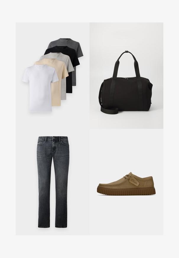Öt darab rövid ujjú póló szett fehér, bézs, világosszürke, sötétszürke és fekete színekben. Simaságot biztosító pamutból készült, kerek nyakkivágással.; Sötétszürke egyenes szárú farmernadrág, klasszikus öt zsebes kialakítással és gombos derékrésszel.; Világosbarna velúr cipők, lekerekített orral, díszített varrással és bordás barna gumi talppal. Az oldalon található egy címke a "Clarks" logójával.; Fekete sporttáska vastag fogantyúkkal és levehető pánttal. Sima anyagból készült, cipzáras záródással és minimalista dizájnnal rendelkezik.