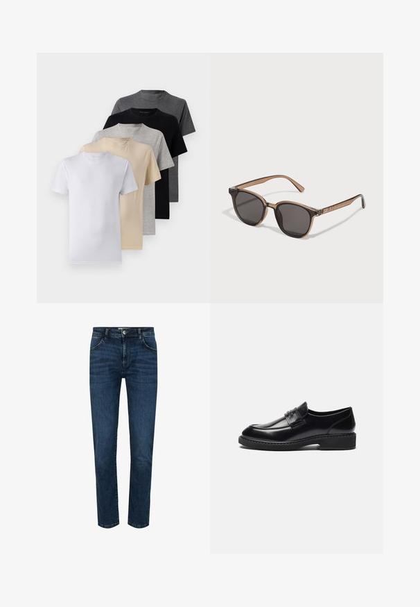 Set med fem kortärmade t-shirts i vitt, beige, ljusgrått, mörkgrått och svart. Tillverkade av mjuk bomull och med rund halsringning.; Mörkblå denimjeans med rak skärning, femfickdesign och knappgylf. Förstärkt sömnad längs sömmarna och en lätt blekningseffekt.; Zign LEATHER - Business slip-ins - black; Bruna plastsolglasögon med mörka linser, rund form och avsmalnande skalmar. Anmärkningsvärd utsmyckning på skalmarna.