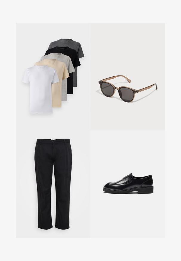 Ensemble de cinq t-shirts à manches courtes en blanc, beige, gris clair, gris foncé et noir. Fabriqués en coton doux, présentant un design à col rond.; Jack & Jones JPSTBILL WILLIAM WORKER - Pantalon classique - black; Zign LEATHER - Mocassins de ville - black; Lunettes de soleil en plastique marron avec des verres foncés, de forme arrondie et branches effilées. Ornementation notable sur les branches.