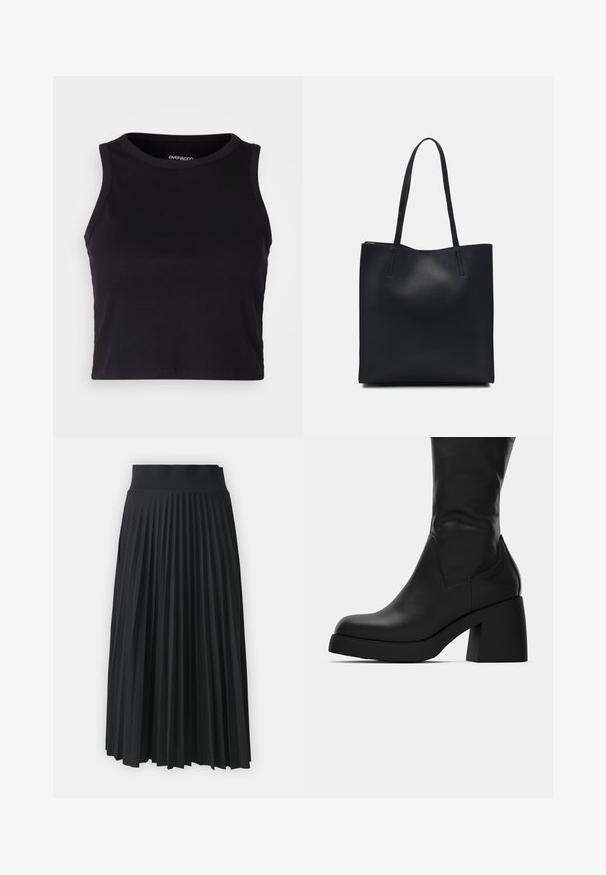 Top scurt ribbed negru, cu decolteu rotund și fără mâneci. Fabricat dintr-un material moale și elastic, având margini finisate.; Fustă plisată neagră cu un talie lată, cu pliuri verticale uniforme pe toată suprafața. Textură netedă cu un design fluid.; Botină din piele neagră, până la jumătatea gambei, cu toc gros și vârf rotunjit, prezentată în profil lateral pe un fundal alb.; Geantă tote neagră din piele, cu textură netedă, formă rectangulară și două mânere lungi. Fără hardware vizibil sau ornamente.