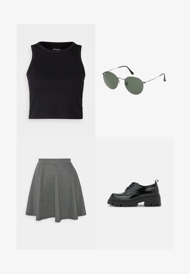 Sort ribbet crop tank top med rund halsudskæring og ærmeløs design. Fremstillet af blødt, strækbart stof, med rene kantede kanter.; Sorte og hvide ternede skater nederdel med en tætsiddende talje og udvidet kant, lavet af tekstureret stof, der viser et klassisk mønster.; Sorte patentlæder sko med en kraftig platformsål og tykke snørebånd. Runde tå, minimal detaljer og en lille hæltab bagpå.; Metalrammede solbriller med ovale grønne linser. Tynd sølvmetalramme og sorte ørepropper. Minimalistisk design, ingen synlige logoer.