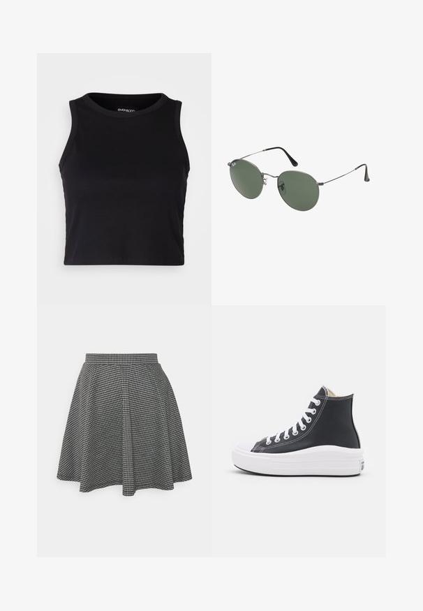 Czarny prążkowany krótki top bez rękawów z okrągłym dekoltem. Wykonany z miękkiego, elastycznego materiału, z wykończonymi krawędziami.; Czarna i biała spódnica w kratkę o fasonie skater z dopasowanym pasem i rozkloszowanym dołem, wykonana z teksturowanej tkaniny, która przedstawia klasyczny wzór.; Czarne sneakersy za kostkę z białymi sznurowadłami i gumową podeszwą. Charakteryzują się gładką skórzaną teksturą i białymi akcentami z przeszyciami.; Okulary przeciwsłoneczne z metalową ramą i owalnymi zielonymi soczewkami. Cienka srebrna metalowa rama i czarne końcówki zauszników. Minimalistyczny design, bez widocznych logo.