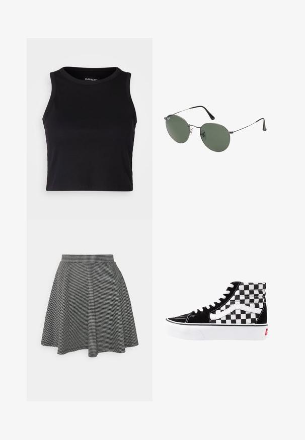Top corto a costine nero con scollatura rotonda e design senza maniche. Realizzato in tessuto morbido ed elastico, presenta bordi rifiniti con cura.; Gonna a pallini bianco e nera in stile skater con vita aderente e orlo svasato, realizzata in tessuto testurizzato che presenta un motivo classico.; Sneakers alte in bianco e nero con motivo a scacchi, tomaia in suede, lacci bianchi a contrasto e suola in gomma bianca con logo rosso.; Occhiali da sole con montatura in metallo e lenti verdi ovali. Montatura sottile in metallo argento e terminali neri. Design minimalista, senza loghi visibili.