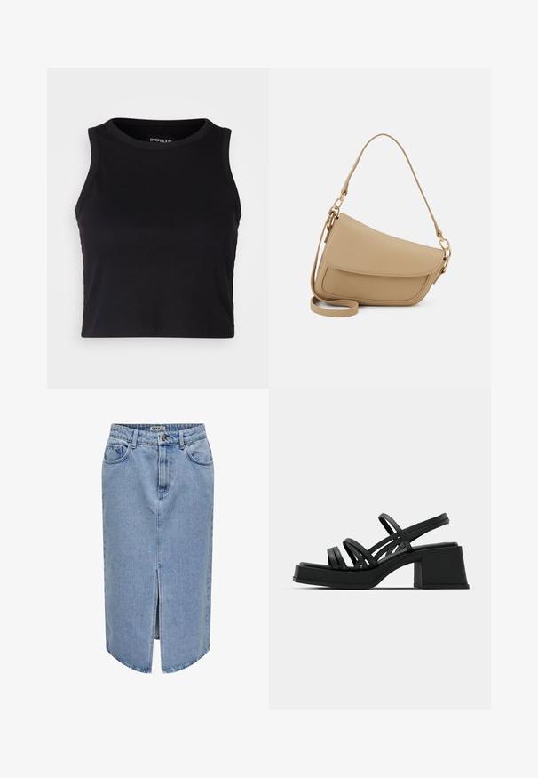 Μαύρο ριγέ κοντό τοπ με στρογγυλή λαιμόκοψη και χωρίς μανίκια. Κατασκευασμένο από μαλακό, ελαστικό ύφασμα, με καθαρές, ραμμένες άκρες.; Ανοιχτό μπλε τζιν φούστα με ευθεία γραμμή, μπροστινό σκίσιμο, σχέδιο με πέντε τσέπες και φερμουάρ με κλείσιμο κουμπιού.; Μαύρες ψηλές σανδάλια με πολλές λεπτές λωρίδες και φαρδύ μπλοκ τακούνι. Κομψός σχεδιασμός με ματ υφή. Η επιφάνεια του ποδιού έχει ελαφριά καμπυλότητα.; Even&Odd Τσάντα χειρός - beige