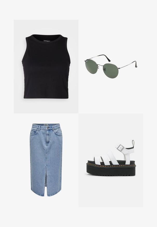 Černý žebrovaný krátký top bez rukávů s kulatým výstřihem. Vyrobeno z měkké a elastické látky, s čistými zakončenými lemy.; Svetle modrá džínová sukně s rovný střihem, předním rozparkem, designem s pěti kapsami a zipem s knoflíkovým zavíráním.; Bílé platformové sandály se třemi vodorovnými pásky; černá gumová podrážka má cikcakový vzor a oranžové prošívání podél okraje.; Sluneční brýle s kovovým rámem a oválnými zelenými skly. Tenký stříbrný kovový rám a černé chrániče uší. Minimalistický design, žádné viditelné logo.; Krémová tkaná kabelka s diamantovým vzorem, měkkou texturou a smyčkovou rukojetí, která má uvolněný tvar hobo.