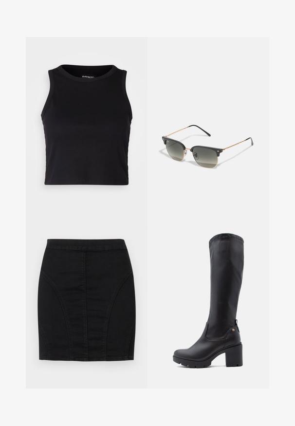 Mustard ribaga lõhikuga crop top, millel on ümar kaelus ja ilma varrukateta disain. Valmistatud pehmest ja venivast kangast, millel on puhtad äärised.; Must have mustaline mustlikona black denim mini seelik, millel on tihe disain, struktureeritud paneelid ja nähtavad õmblused, mis lisavad juurde detaili. Sile tekstuur ja voolav siluett.; Mustad, mustad kuni põlvedeni ulatuvad saapad on valmistatud siledast nahast, omavad ruudukujulist ninaosa, laia plokknina kontsa ja tekstureeritud kummist tallat. Omavad diskreetset logo detaili.; Ray-Ban NEW CLUBMASTER UNISEX - Päikeseprillid - dark grey on rose gold
