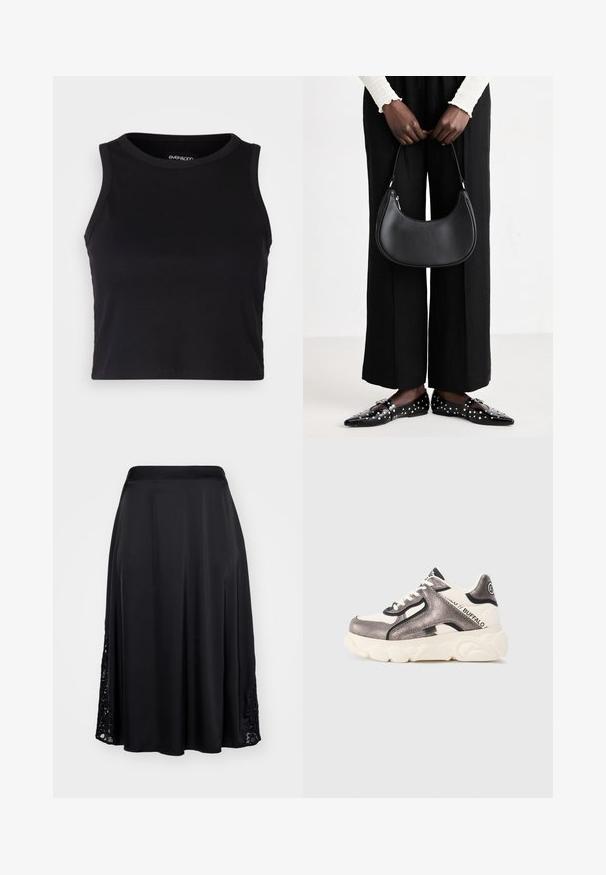 Svart ribbet crop tank top med rund halslinning og ermeless design. Laget av myk, elastisk stoff med rene, kantede kanter.; Svart satengskjørt med midtlengde design. Har blonderdetaljer langs sidesømmene, glatt tekstur og en tettsittende midje.; Chunky sneakers i metallisk sølv og svart med hvit såle. Har en blanding av glatte og teksturerte materialer, samt fremtredende merkebokstaver.; Svart skinn skulderveske med en avrundet form, glanset overflate og sølvfargede detaljer. Person iført sorte vide bukser og naglede loafers.