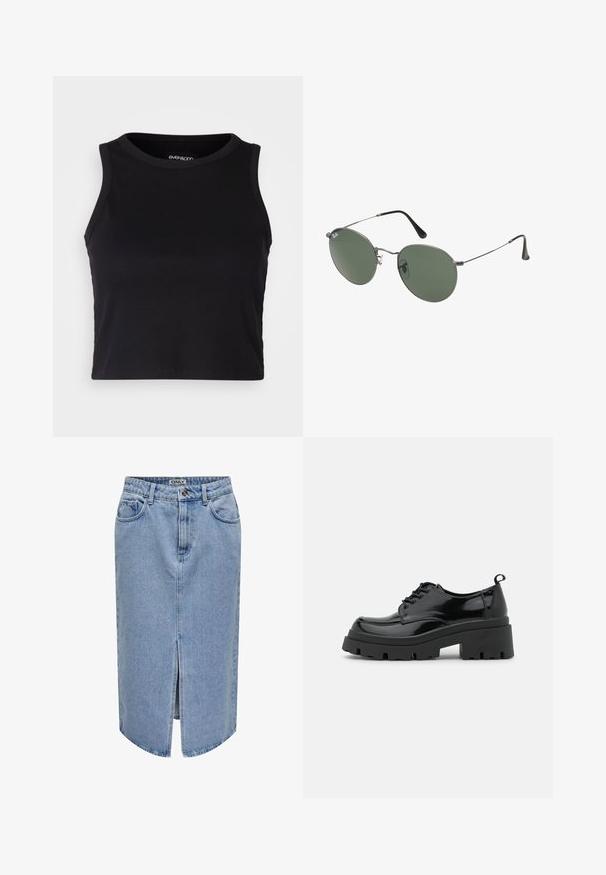 Fekete bordás crop tank top kerek nyakkivágással és ujjtalan dizájnnal. Puha, rugalmas anyagból készült, tiszta, lekerekített szélű részletekkel.; Világoskék farmer szoknya egyenes szabással, elülső részen hasítékkal, öt zsebes kivitelben, cipzáros, gombos záródással.; Fekete lakkbőr cipők vastag talppal és széles fűzővel. Kerek orr, minimális díszítés és egy kis sarkantyú a hátsó részén.; Fémkeretes napszemüveg ovális zöld lencsékkel. Vékony ezüst színű fémkeret és fekete fülrész. Minimalista dizájn, látható logók nélkül.
