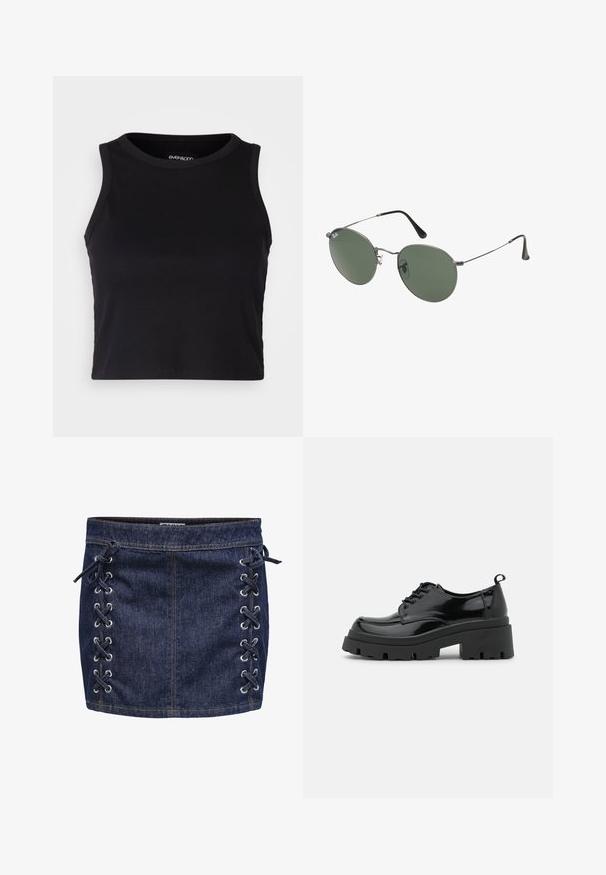 Top scurt ribbed negru, cu decolteu rotund și fără mâneci. Fabricat dintr-un material moale și elastic, având margini finisate.; Mini fustă din denim de culoare albastru închis, cu detalii cu sfoară pe lateral și ochiuri metalice argintii. Prezintă o textură netedă și o cusătură în contrast.; Pantofi din piele lacuită neagră cu o talpă platformă masivă și șireturi groase. Vârf rotunjit, detalii minime și o mică bucată de suport la spate.; Ochelari de soare cu ramă metalică, dotati cu lentile ovale verzi. Ramă subțire din metal argintiu și ușițe negre. Design minimalist, fără logo-uri vizibile.