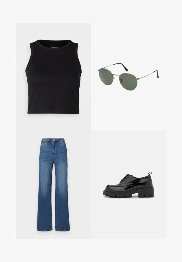 Top corto a costine nero con scollatura rotonda e design senza maniche. Realizzato in tessuto morbido ed elastico, presenta bordi rifiniti con cura.; Jeans blu a vita alta e gamba ampia, realizzati in denim, con un classico design a cinque tasche e un leggero sbiadimento lungo le gambe.; Scarpe in pelle verniciata nera con una suola piattaformata chunky e lacci spessi. Punta arrotondata, dettagli minimi e un piccolo tassello sul tallone sul retro.; Occhiali da sole con montatura in metallo e lenti verdi ovali. Montatura sottile in metallo argento e terminali neri. Design minimalista, senza loghi visibili.