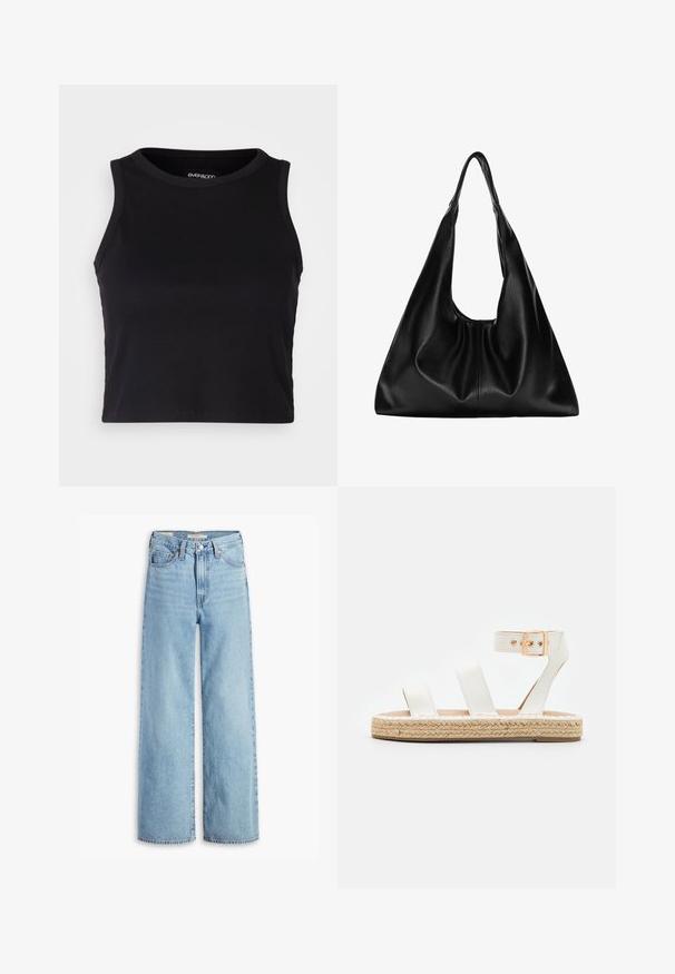 Black ribbed crop tank top with a round neckline and sleeveless design. Made from soft, stretchy fabric, featuring clean hemmed edges.; High-waisted, light blue wide-leg jeans with front button and zipper, belt loops, and five-pocket styling.; White leather sandal with three wide straps, ankle buckle, and jute-wrapped sole. Flat design with a natural texture.; Black leather hobo bag with a soft, curved shape. Features a wide top handle and gathers at the base for a slouchy texture.