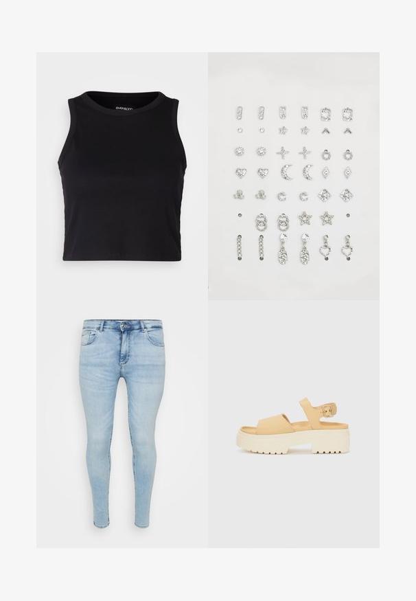 Svart ribbet crop tank top med rund halslinning og ermeless design. Laget av myk, elastisk stoff med rene, kantede kanter.; Lyseblå skinny jeans med klassisk fem-lommers design, knapp- og glidelås-stenging, og falmet tekstur på stoffet.; Gule faux lær sandaler med en chunky hvit plattformsåle. Har to brede stropper og en justerbar ankelstropp med metallspenne.; Sett med sølvøredobber med ulike design: stikker, hoops og hengende stiler med glitrende dekorasjoner i geometriske og tematiske former.