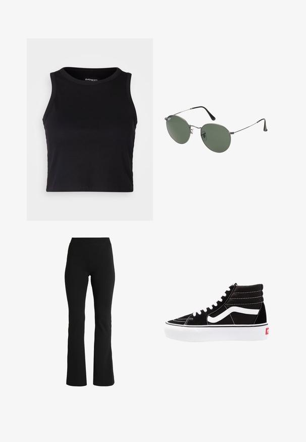 Top court noir à côtes avec un col rond et un design sans manches. Fabriqué en tissu doux et extensible, avec des bords ourlés propres.; Pantalons évasés noirs en tissu extensible. Dotés d'une taille large et d'une texture lisse, conçus pour épouser étroitement les hanches.; Baskets montantes noires avec des lacets blancs, un logo blanc et des coutures blanches contrastées. Dotées d'une épaisse semelle blanche et d'un dessus en daim texturé.; Lunettes de soleil en métal avec des verres ovales verts. Monture en métal argenté mince et embouts d'oreille noirs. Design minimaliste, sans logos visibles.