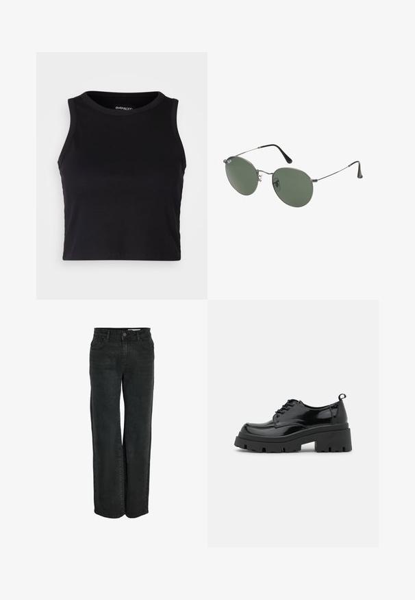 Μαύρο ριγέ κοντό τοπ με στρογγυλή λαιμόκοψη και χωρίς μανίκια. Κατασκευασμένο από μαλακό, ελαστικό ύφασμα, με καθαρές, ραμμένες άκρες.; Μαύρα τζιν παντελόνια σε φαρδιά γραμμή από denιμ, με κλασικό σχέδιο πέντε τσαντών και φερμουάρ με κουμπί. Λείος υφή.; Μαύρα παπούτσια από πατέντα δέρμα με χοντρή σόλα πλατφόρμας και παχιά κορδόνια. Στρογγυλή μύτη, ελάχιστες λεπτομέρειες και μια μικρή θηλιά στο πίσω μέρος.; Σαπούνια κατασκευασμένα από μέταλλο με οβάλ πράσινους φακούς. Λεπτό ασημένιο μεταλλικό πλαίσιο και μαύρα ακροφύσια. Μινιμαλιστικός σχεδιασμός, χωρίς ορατά λογότυπα.