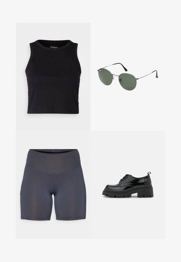 Musta ribattava lyhythihainen toppi pyöreällä pääntiellä ja hihattomalla muotoilulla. Valmistettu pehmeästä, joustavasta kankaasta, jossa on siistit reunapainatukset.; Tummanharmaat urheilushortsit, jotka on valmistettu sileästä, joustavasta kankaasta. Ominaisuuksina korkea vyötärö ja erottuva ompelu, sekä sivutasku.; Musta lakkapintainen kengät, joissa on paksu platform-pohja ja paksut nauhat. Pyöristetty kärki, minimaalinen yksityiskohtaisuus ja pieni kantanauha takana.; Aurinkolasit metallikehyksillä, joissa on soikeat vihreät linssit. Ohut hopeinen metallikehys ja mustat korvapehmusteet. Minimalistinen muotoilu, ei näkyviä logoja.