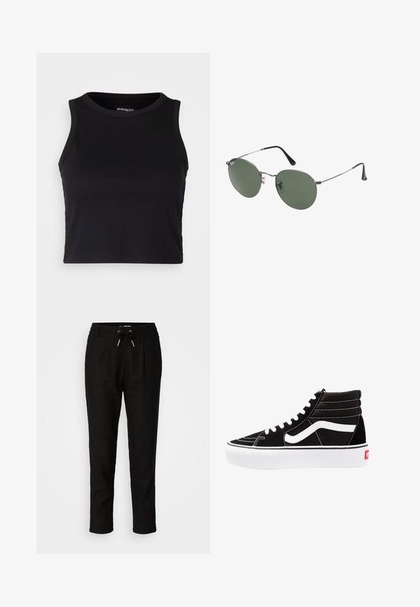 Mustard ribaga lõhikuga crop top, millel on ümar kaelus ja ilma varrukateta disain. Valmistatud pehmest ja venivast kangast, millel on puhtad äärised.; Mustad tapered püksid, mis on valmistatud kergest kangast. Omab elastset vöökoha, mis on varustatud paela, külgpärgade ja mansettidega pahkluudes.; Mustad mustad sneakers valge paeltega, valge logo ja kontraste valge õmblusega. Omab paksu valget talda ja tekstureeritud nahkiga ülemist osa.; Metallist raamistikuga prillid ovaalsete roheliste läätsedega. Õhuke hõbedane metallraam ja mustad kõrvakatted. Minimalistlik disain, nähtavad logod puuduvad.