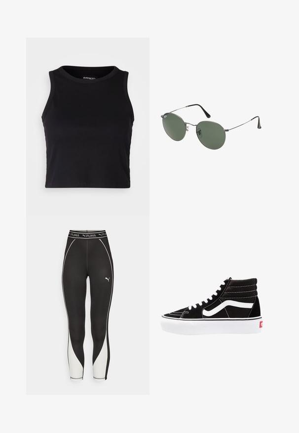 Svart ribbad kort tanktopp med rund halsringning och ärmlös design. Tillverkad av mjuk, stretchy tyg med rena, fållade kanter.; Svarta sportiga leggings med vita sidopaneler, strukturerad tyg och en märkesmidja som visar Puma-logotypen i vitt.; Svarta hög top sneakers med vita snören, en vit logotyp och kontrasterande vita sömmar. Har en tjock vit sula och texturerad mockaöverdel.; Metallinramade solglasögon med ovala gröna linser. Tunn silvermetallram och svarta öronpluggar. Minimalistisk design, inga synliga logotyper.