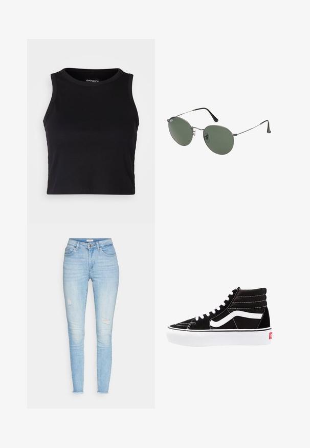 Fekete bordás crop tank top kerek nyakkivágással és ujjtalan dizájnnal. Puha, rugalmas anyagból készült, tiszta, lekerekített szélű részletekkel.; Világoskék, skinny farmernadrág, magas derékkal, szakadt térddel és rojtos szegéllyel. Klasszikus öt zsebes kialakítás.; Fekete magasszárú sportcipők fehér fűzővel, fehér logóval és kontrasztos fehér varrással. Vastag fehér talppal és texturált velúrból készült felsőrész jellemzi.; Fémkeretes napszemüveg ovális zöld lencsékkel. Vékony ezüst színű fémkeret és fekete fülrész. Minimalista dizájn, látható logók nélkül.