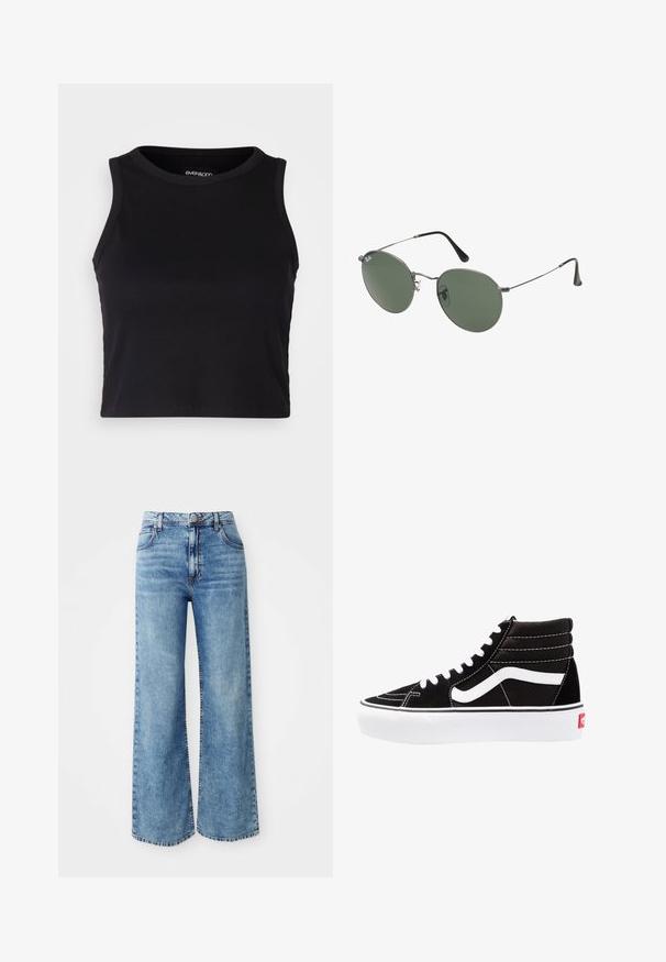 Fekete bordás crop tank top kerek nyakkivágással és ujjtalan dizájnnal. Puha, rugalmas anyagból készült, tiszta, lekerekített szélű részletekkel.; Fénykék denim széles szárú farmernadrág, magas derékkal, öt zsebbel, felső gombos zárással és eltérő színű varratokkal az illesztések mentén.; Fekete magasszárú sportcipők fehér fűzővel, fehér logóval és kontrasztos fehér varrással. Vastag fehér talppal és texturált velúrból készült felsőrész jellemzi.; Fémkeretes napszemüveg ovális zöld lencsékkel. Vékony ezüst színű fémkeret és fekete fülrész. Minimalista dizájn, látható logók nélkül.