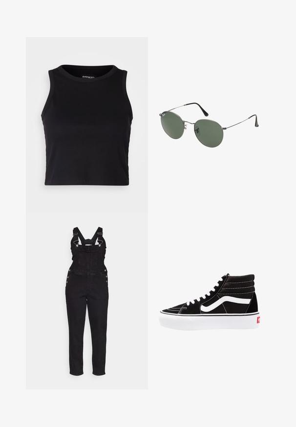 Černý žebrovaný krátký top bez rukávů s kulatým výstřihem. Vyrobeno z měkké a elastické látky, s čistými zakončenými lemy.; Černé denimové overallky s nastavovacími popruhy, bočními knoflíky a zúženými nohavicemi. Horní část má přední kapsu a klasický design.; Černé vysoké tenisky s bílými tkaničkami, bílým logem a kontrastním bílým prošíváním. Mají silnou bílou podrážku a texturovaný semišový svršek.; Sluneční brýle s kovovým rámem a oválnými zelenými skly. Tenký stříbrný kovový rám a černé chrániče uší. Minimalistický design, žádné viditelné logo.