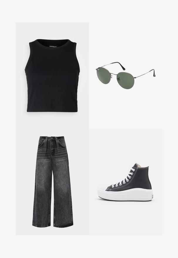 Black ribbed crop tank top with a round neckline and sleeveless design. Made from soft, stretchy fabric, featuring clean hemmed edges.; Wide-leg black denim pants with a high waist, featuring pleats, side pockets, and subtle fading for texture. Metal button closure.; Black high-top sneaker with white laces and rubber sole. Features a smooth leather texture and white stitching accents.; Metal-framed sunglasses with oval green lenses. Thin silver metal frame and black ear tips. Minimalist design, no visible logos.