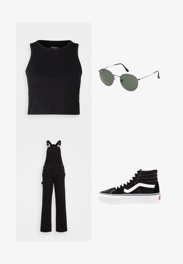 Sort ribbet crop tank top med rund halsudskæring og ærmeløs design. Fremstillet af blødt, strækbart stof, med rene kantede kanter.; Sorte denim overalls med brede ben, justerbare stropper, knapper i siden og frontlommer. Glat tekstur og robust stof.; Sorte høj-top sneakers med hvide snørebånd, et hvidt logo og kontrasterende hvid syning. Har en tyk hvid sål og struktureret ruskindsoverdel.; Metalrammede solbriller med ovale grønne linser. Tynd sølvmetalramme og sorte ørepropper. Minimalistisk design, ingen synlige logoer.