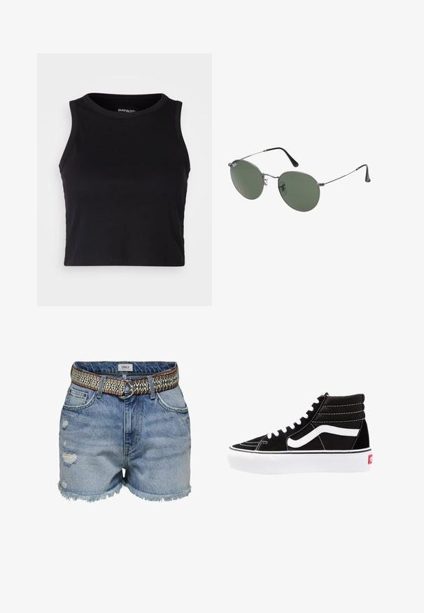Svart ribbad kort tanktopp med rund halsringning och ärmlös design. Tillverkad av mjuk, stretchy tyg med rena, fållade kanter.; ONLY Jeansshorts - medium blue denim; Svarta hög top sneakers med vita snören, en vit logotyp och kontrasterande vita sömmar. Har en tjock vit sula och texturerad mockaöverdel.; Metallinramade solglasögon med ovala gröna linser. Tunn silvermetallram och svarta öronpluggar. Minimalistisk design, inga synliga logotyper.