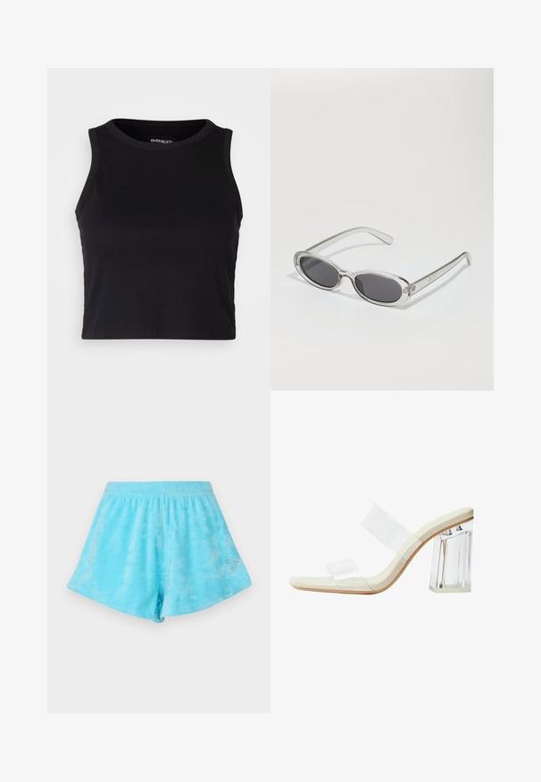 Top corto a costine nero con scollatura rotonda e design senza maniche. Realizzato in tessuto morbido ed elastico, presenta bordi rifiniti con cura.; Pantaloni corti azzurro chiaro tie-dye con cintura elastica e un numero sette in strass argentati sul lato inferiore. Tessuto di cotone morbido.; Sandali con tacco trasparente dotati di cinturini trasparenti, una soletta beige e un tacco a blocco trasparente chunky. Design elegante e fluido con un'estetica minimalista.; Occhiali da sole con forma ovale, montatura in plastica trasparente, lenti grigie scure e aste sottili trasparenti con accenti di logo e dettagli minimi.