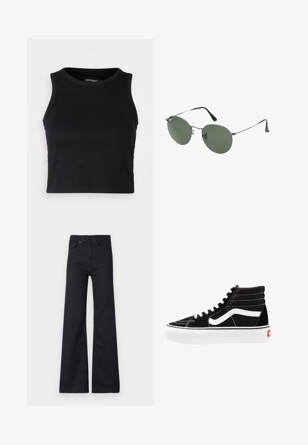 Μαύρο ριγέ κοντό τοπ με στρογγυλή λαιμόκοψη και χωρίς μανίκια. Κατασκευασμένο από μαλακό, ελαστικό ύφασμα, με καθαρές, ραμμένες άκρες.; Φαρδιά μαύρα τζιν φτιαγμένα από τζιν ύφασμα, με ψηλή μέση, πέντε τσέπες και διακριτές ραφές. Υφή υφάσματος με λεία επιφάνεια.; Μαύρα ψηλά αθλητικά παπούτσια με λευκές κορδόνες, λευκό λογότυπο και αντίθετη λευκή ραφή. Διαθέτουν παχιά λευκή σόλα και υφή από σουέντ.; Σαπούνια κατασκευασμένα από μέταλλο με οβάλ πράσινους φακούς. Λεπτό ασημένιο μεταλλικό πλαίσιο και μαύρα ακροφύσια. Μινιμαλιστικός σχεδιασμός, χωρίς ορατά λογότυπα.; Μαύρη τσάντα hobo από λεία υλικό που μοιάζει με δέρμα με στροβιλιστή λαβή, διαθέτοντας μαλακή, στρογγυλή μορφή και κλείσιμο με φερμουάρ στο επάνω μέρος.