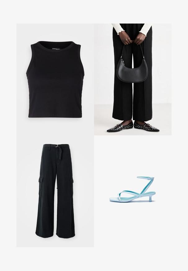 Top corto negro de canalé con cuello redondo y diseño sin mangas. Fabricado en una tela suave y elástica, cuenta con bordes limpios y rematados.; Pantalones cargo anchos negros de algodón con cinturón de lazo, que cuentan con dos bolsillos laterales y una textura de tela suave.; Sandalia de tiras en azul claro con punta cuadrada, tacón bajo, correa de tobillo ajustable y acabado suave y brillante. Tiras cruzadas en la plantilla.; Bolso de hombro de cuero negro con forma redondeada, acabado brillante y herrajes plateados. Persona vistiendo pantalones anchos negros y mocasines con tachuelas.
