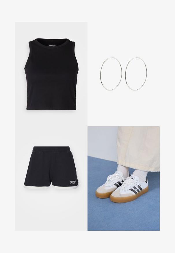 Schwarzes, geripptes Cropped Tanktop mit rundem Ausschnitt und ärmellosem Design. Hergestellt aus weichem, dehnbarem Material, mit sauberen, gekettelten Kanten.; Schwarze Shorts mit einem weißen Saum. Aus weichem Stoff gefertigt, mit einem elastischen Bund und einem "ROXY"-Logo an der Unterseite.; Weiße Sneaker mit schwarzen Streifen und beigen Wildlederakzenten. Besitzen eine strukturierte Gummisohle und flache weiße Schnürsenkel, getragen mit hellen Socken.; Silberne Creolen mit einem glatten, runden Design und einer polierten Oberfläche. Sie sind dünn und leicht und verfügen über einen einfachen Verschluss.