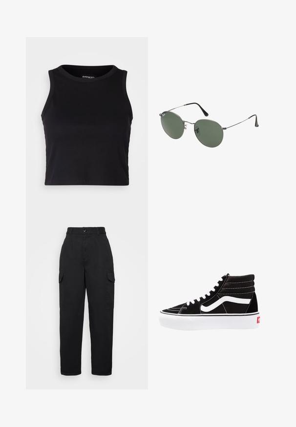 Schwarzes, geripptes Cropped Tanktop mit rundem Ausschnitt und ärmellosem Design. Hergestellt aus weichem, dehnbarem Material, mit sauberen, gekettelten Kanten.; Schwarze Cargo-Hosen mit hoher Taille, vorne Falten, zwei seitlichen Taschen und lockerer Passform, aus robustem Stoff mit glatter Textur.; Schwarze High-Top-Sneaker mit weißen Schnürsenkeln, einem weißen Logo und kontrastierendem weißen Nähten. Verfügt über eine dicke weiße Sohle und ein strukturiertes Wildleder-Obermaterial.; Metallgestellte Sonnenbrille mit ovalen grünen Gläsern. Dünner silberner Metallrahmen und schwarze Ohrstücke. Minimalistisches Design, keine sichtbaren Logos.