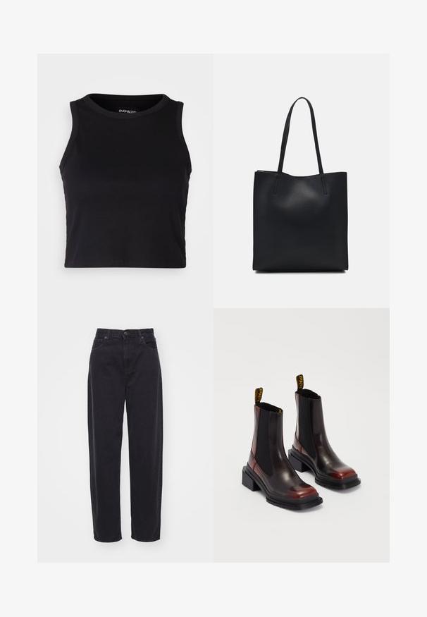 Top cropped preto canelado com gola redonda e design sem mangas. Feito de um tecido macio e elástico, apresentando bordas limpas e com bainha.; Jeans pretos de cintura alta feitos de ganga. Design de perna reta com fecho de botão e zip. Apresenta bolsos frontais e um corte clássico.; Dr. Martens MAYBOLE CHELSEA - Botas de tornozelo com plataforma - black/cherry red; Bolsa tote preta em couro com textura lisa, forma retangular e duas alças longas. Sem hardware ou enfeites visíveis.