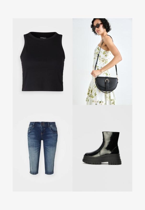 Fekete bordás crop tank top kerek nyakkivágással és ujjtalan dizájnnal. Puha, rugalmas anyagból készült, tiszta, lekerekített szélű részletekkel.; Sötétkék farmer bermuda sort, kopott hatással, öt zsebbel, dupla gombos záródással és egyenes szárú kivitelezéssel.; Fekete fényes boka csizma vastag bordázott talppal és kerek orral, oldalnézet világos szürke háttér előtt.; Fekete bőrtáska ívelt formával, levehető pánttal és arany színű fémrészekkel. A táskán egy csattal díszített fedél található.