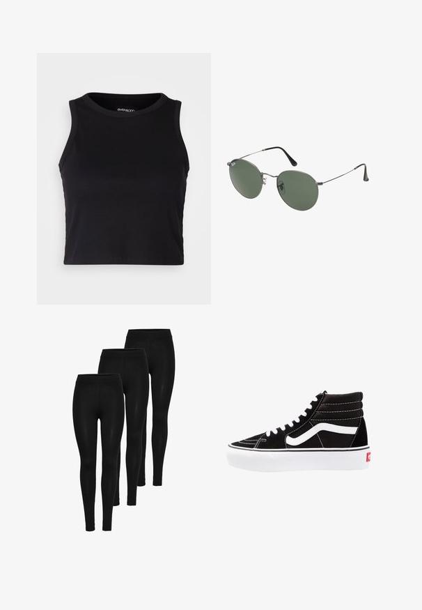 Top court noir à côtes avec un col rond et un design sans manches. Fabriqué en tissu doux et extensible, avec des bords ourlés propres.; Leggings noirs avec une texture lisse, une taille élastique haute et un design ajusté. Trois paires exposées dans différentes positions.; Baskets montantes noires avec des lacets blancs, un logo blanc et des coutures blanches contrastées. Dotées d'une épaisse semelle blanche et d'un dessus en daim texturé.; Lunettes de soleil en métal avec des verres ovales verts. Monture en métal argenté mince et embouts d'oreille noirs. Design minimaliste, sans logos visibles.