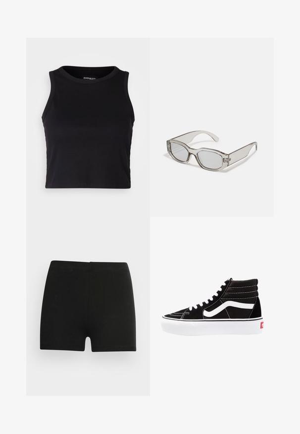 Sort ribbet crop tank top med rund halsudskæring og ærmeløs design. Fremstillet af blødt, strækbart stof, med rene kantede kanter.; Sorte bomulds shorts med et tætsiddende design og elastisk talje. Glat tekstur, længde til midt på låret, og uden synlige mønstre eller accenter.; Sorte høj-top sneakers med hvide snørebånd, et hvidt logo og kontrasterende hvid syning. Har en tyk hvid sål og struktureret ruskindsoverdel.; Grå, gennemsigtige solbriller med en rektangulær form, flade linser og tykke arme. Har en diskret hængsel detalje på stængerne.