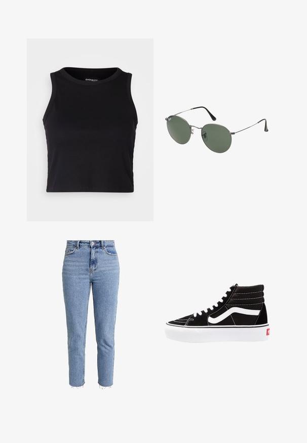 Top scurt ribbed negru, cu decolteu rotund și fără mâneci. Fabricat dintr-un material moale și elastic, având margini finisate.; Jeans de blugi de culoare albastru deschis, cu talie înaltă, având un croi drept, margine desfăcută și un design minimalist, fără embellishments.; Tenisi negri cu glezna înaltă, cu șireturi albe, un logo alb și cusături albe contrastante. Prezintă o talpă groasă albă și un exterior din nubuc texturat.; Ochelari de soare cu ramă metalică, dotati cu lentile ovale verzi. Ramă subțire din metal argintiu și ușițe negre. Design minimalist, fără logo-uri vizibile.