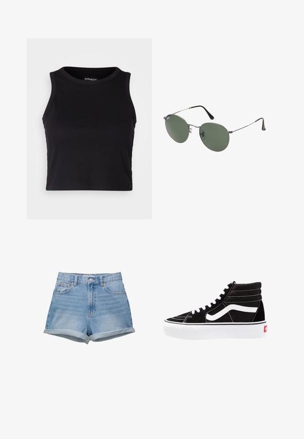 Musta ribattava lyhythihainen toppi pyöreällä pääntiellä ja hihattomalla muotoilulla. Valmistettu pehmeästä, joustavasta kankaasta, jossa on siistit reunapainatukset.; Farkkushortsit vaalean sinisessä pesussa, korkea vyötärö, nappikiinnitys, viisi taskua ja käännetyt lahkeet. Sujuva pinta, klassinen muotoilu.; Mustat korkeat tennarit valkoisilla nauhoilla, valkoisella logolla ja kontrastoivalla valkoisella ompelulla. Ominaisuuksiin kuuluu paksu valkoinen pohja ja teksturoitu mokkanahkainen päällinen.; Aurinkolasit metallikehyksillä, joissa on soikeat vihreät linssit. Ohut hopeinen metallikehys ja mustat korvapehmusteet. Minimalistinen muotoilu, ei näkyviä logoja.