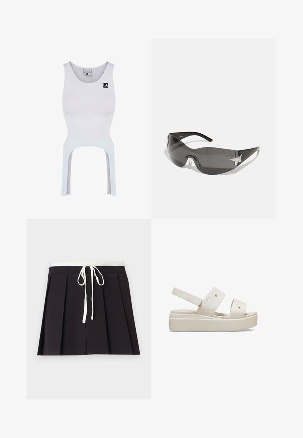 Witte sporttanktop met een nauwsluitend ontwerp, uitsnijdingen aan de zijkanten en een zwart geborduurd logo. Gemaakt van rekbaar, soepel materiaal.; Zwarte geplooide rok met een witte geweven trekkoord in de taille. Gemaakt van zachte stof, met een gladde textuur en een eenvoudig, klassiek ontwerp.; Witte platform sandalen met brede banden, gemaakt van glad materiaal, met een verstelbare achterband en een uitgesproken zool. Minimalistisch ontwerp.; Zwarte zonnebril met een wrap-around ontwerp, donkergetinte glazen, glanzende stervormige accenten en verstelbare neussteunen.; Rode leren handtas met een hoekig, geometrisch ontwerp. Beschikt over een enkele verstelbare schouderriem en een klepclosure met gestikte details.