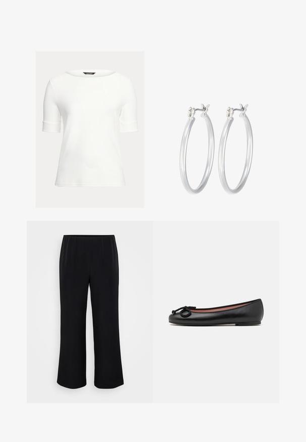 White fitted top with a boat neckline, short cuffed sleeves, and a smooth, soft fabric. Simple design without patterns or embellishments.; Black wide-legged pants made of smooth fabric with an elastic waistband. Simple design, no patterns or visible hardware.; Black leather ballet flat with a round toe, features a decorative bow and smooth texture. Minimalist design with a low, flat sole.; Silver hoop earrings with a smooth, polished finish. Round shape and secure click-top closure. Lightweight design suitable for everyday wear.