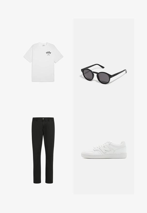 White cotton t-shirt with short sleeves and a round neckline, featuring a black printed logo on the chest. Simple, classic design.; Black cotton trousers with a straight cut, front button closure, and two side pockets; smooth texture with minimalistic design.; White sneaker made of smooth leather, featuring perforated toe, a textured rubber sole, flat laces, and a prominent 'N' logo on the side.; Black sunglasses with a round, slightly wavy frame, dark lenses, and straight black arms. Smooth, glossy finish with no visible patterns.