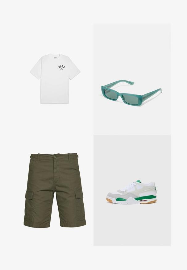 Biele bavlnené tričko s krátkymi rukávmi a okrúhlym výstrihom, s čiernym potlačeným logom na hrudi. Jednoduchý, klasický dizajn.; Olivové cargo šortky vyrobené z ľahkej tkaniny, s dvoma bočnými vreckami s klapkami, pútkami na opasok a gombíkovým zapínaním.; Biele tenisky s šedými semišovými akcentmi, zelenými detailmi, viditeľnou vzduchovou jednotkou a gumovou podrážkou. Obsahujú šnurovací dizajn a vypchatý golier.; Tyrkysové slnečné okuliare s obdĺžnikovým rámom, vyrobené z priehľadného plastu, so tmavými sklami a malým logom na strane.
