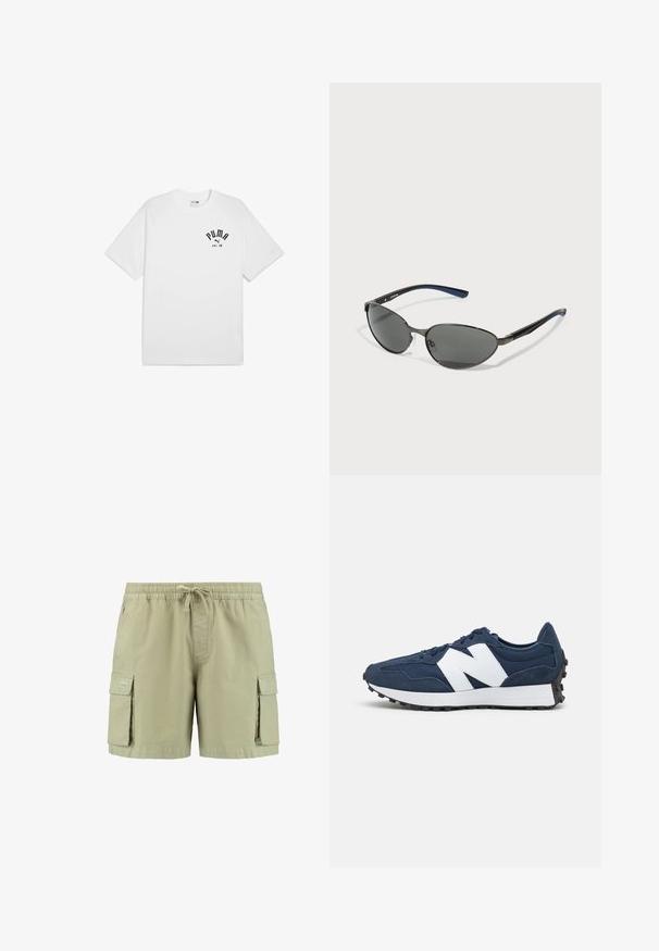 Balta kokvilnas T-krekls ar īsām piedurknēm un apaļu kakla izgriezumu, ar melnu drukātu logo uz krūšu daļas. Vienkāršs, klasiskā dizaina krekls.; Khaki kravas šorti ar elastīgu jostasvietu, aukliņas aizdari, divām sānu kabatām un divām sānu kravas kabatām. Izgatavoti no viegla auduma.; Jūras zila sportiskā apavi ar baltu logo, zamša un acu augšdaļa, ar mīkstu apkakli, plakaniem šņores un strukturētu melnu gumijas zoli.; Saulesbrilles ar ovālām melnām lēcām, metāla rāmjiem un melniem un ziliem teksturētiem kātām. Rāmī ir aksesuārs ar logotipu uz sāniem.